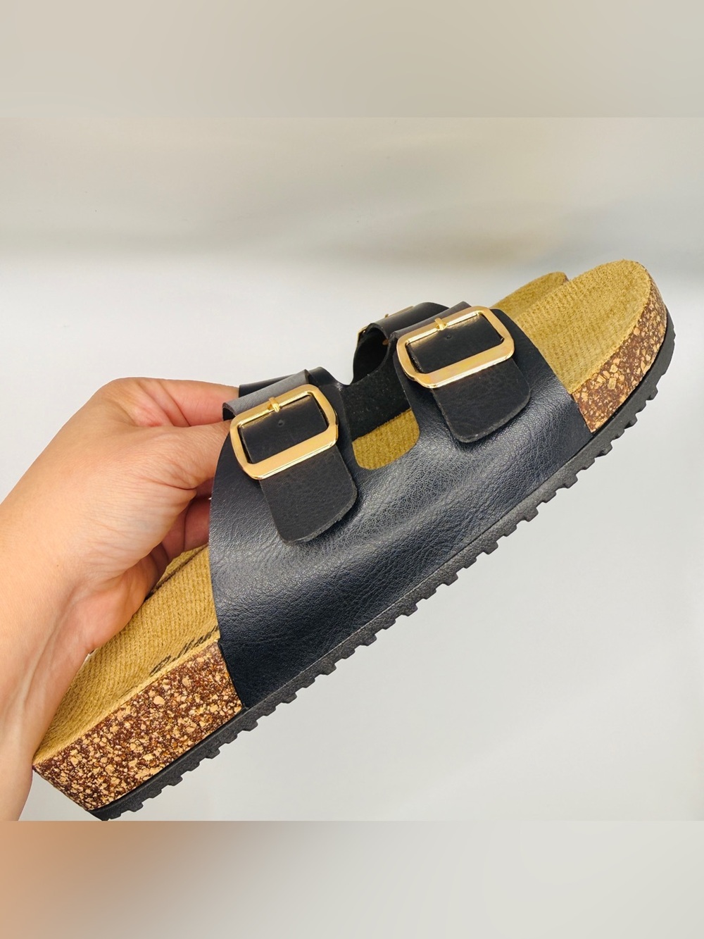 NWT Classic Double Buckle Black Cork Footbed Sandals - Size 9 - Picture 7 of 8